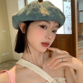 Phiên bản hàn quốc retro đau khổ rách denim beret nữ đầu lớn chu vi hiển thị mặt mũ nồi nhỏ hình bát giác mũ b