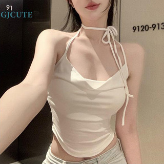 Gjcute Áo ống tà nhọn kiểu yếm ôm body, áo croptop nữ có mút tôn eo thun co giãn
