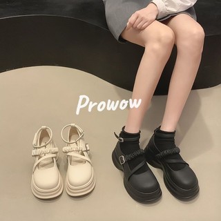 Prowow❤Nữ mới phong cách Hàn Quốc khóa một dòng gót dày đế dày nâng cao giày da nhỏ Mary Jane