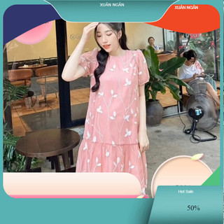 Đầm babydoll đuôi cá tay phồng 2 lớp thêu hoạ tiết tiểu thư váy dài suông freesize XN