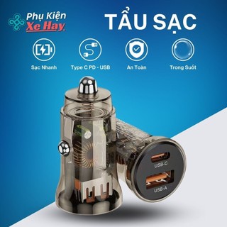 Tẩu Cắm Sạc Ô tô Trong Suốt cổng sạc Type C PD USB kép xạc nhanh 12V 24V xe hơi