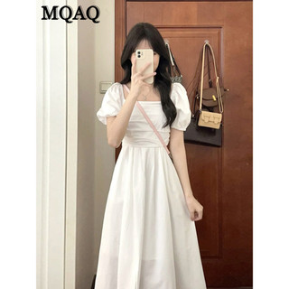 Mqaq Pháp Nhẹ Nhàng Cổ Vuông Trắng Đầm ôm Mùa Hè Mới Người Nhỏ Tay Phồng Mỏng Tính Khí Eo Cao Váy Dài