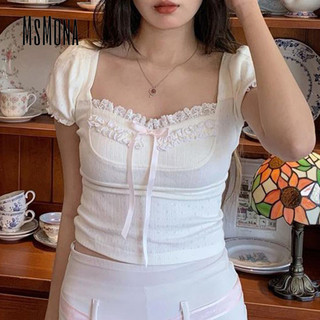 MsMona Áo thun cổ vuông nơ ren mới dành cho nữ