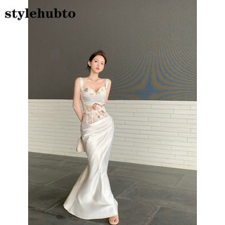 5063 Stylehubto Dây đeo ren cao cấp Tank Top Xương cá + Bộ hai mảnh váy dài