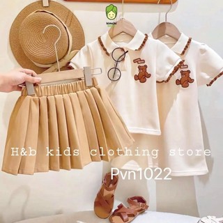 Set Áo Polo + Chân Váy Cho Bé Gái KIMCHIBABY Vải Cá Sấu Thêu Gấu Nâu, Đồ Bộ Cho Bé Mặc Đi Chơi, Đi Học CK446