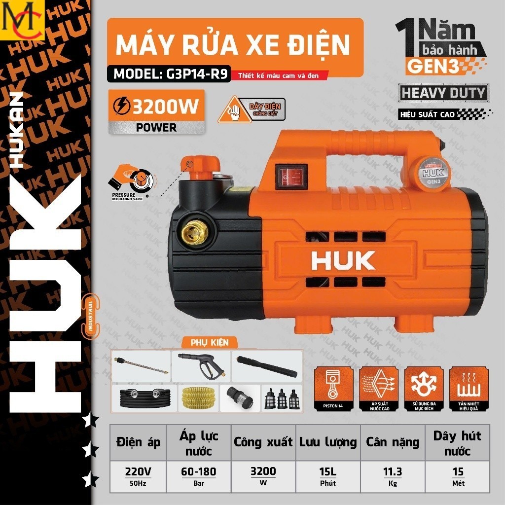 Máy rửa xe chỉnh áp HUKAN G3P14-R9, 3200W, Động cơ không chổi than,  Có ÁT CHỐNG GIẬT Shop máy MC