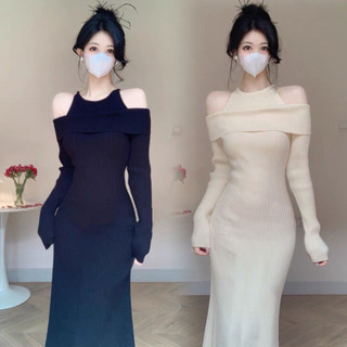 Autumn Winter Fashion Off-the-Shoulder Fishtail Knitted Dress for Women