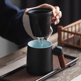 420ml đồ đá tay cầm bằng gỗ cốc trà tách nước trà cốc nước gốm có nắp cốc lọc văn phòng cốc