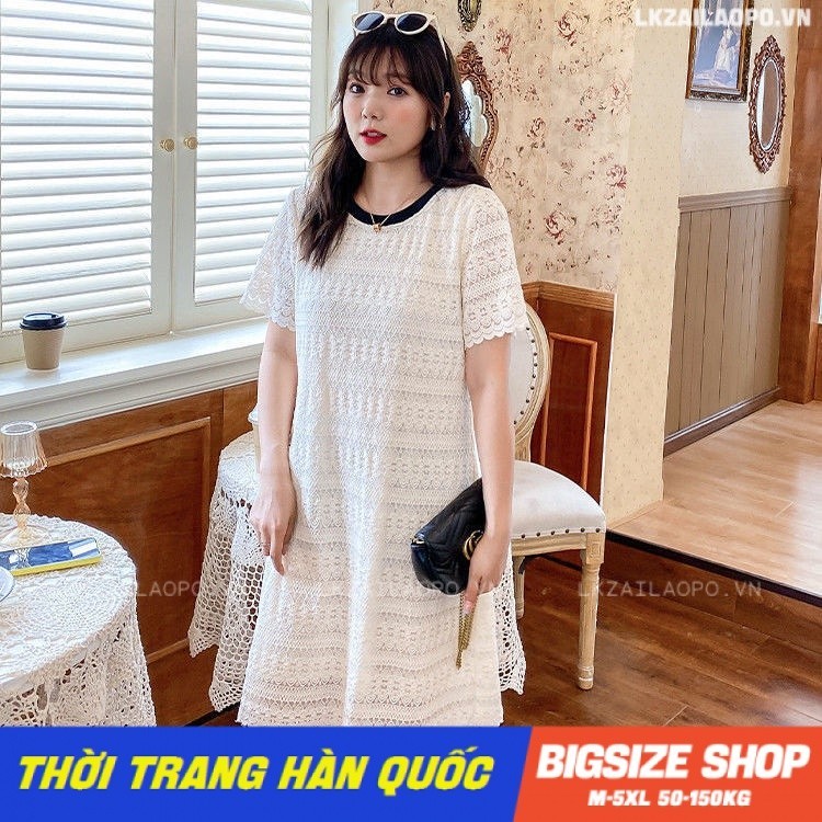 Váy đầm nữ Bigsize Váy Xuông tay ngắn cổ tròn Ren trắng mùa hè Phong cách Hàn Quốc Thời Trang đẹp