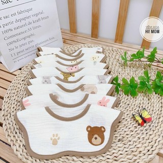 Yếm xô tròn Muslin viền nâu, yếm ăn dặm cho bé trai, bé gái