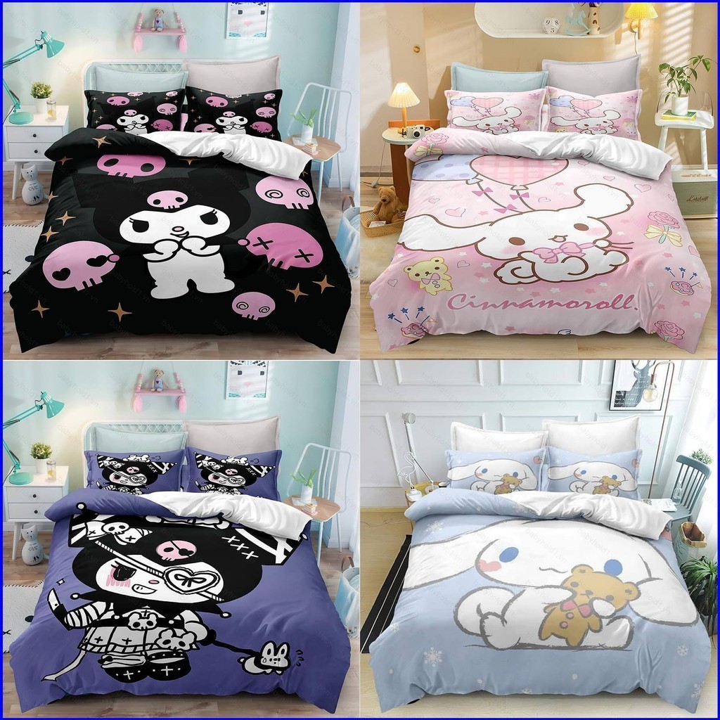 Acg Sanrio Cinnamoroll Kuromi Bộ chăn ga gối 3in1 Bộ chăn ga trải giường Vỏ gối Phòng ngủ Bộ đồ ký túc xá có thể giặt được