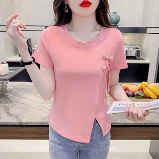 Không Đều Chia Áo Thun Nữ Tay Ngắn 2023 Phong Cách Mới Mùa Hè Phong Cách Ngắn Mới Phong Cách Trung Hoa Khóa Top Thời Trang Giảm Tuổi 19N2