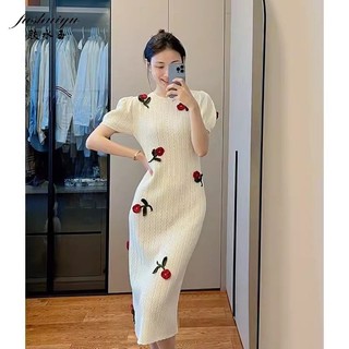 Fushuiyu Váy dệt kim phong cách xã hội cổ điển kiểu Pháp, thiết kế mới mùa thu, váy dài thêu hoa hồng mỏng vừa vặn