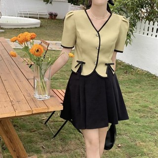 🌸Hàng Order🌸Sét Váy Đầm Bigsize Áo Dạ Cổ V Tay Bồng Đính Nơ Phối Chân Váy Dáng Xoè Tiểu Thư Nữ Tính🌸Hàng Quảng Châu