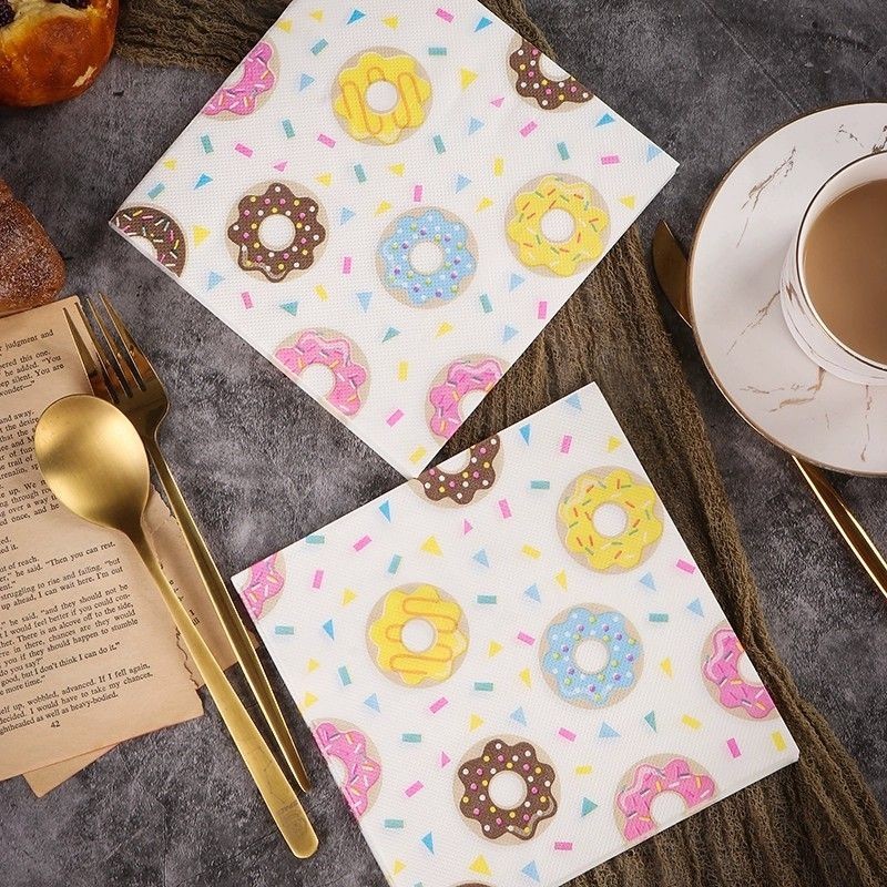 Khăn Ăn In Màu Donut Khăn Giấy Sinh Nhật Khách Sạn Nhà Hàng Nướng Khăn Giấy Chèn Cốc Khăn Giấy Hoa B
