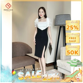 Đầm body cổ vuông thắt nơ vai phối màu tôn dáng SD1460 - Phong Cách SAIGON
