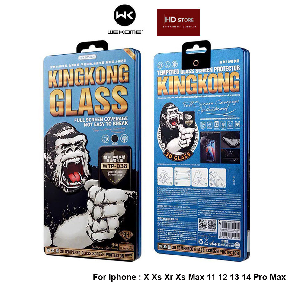 Kính Cường lực KingKong 3D Xanh Hộp Sắt Chống Vân Tay Chính hãng WK Wekome cho IPhone X Xs Max 11 12 13 14 Pro Max
