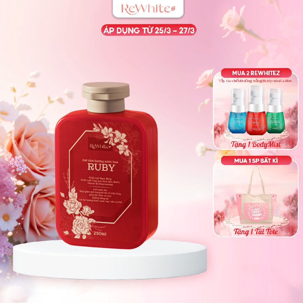 Sữa Tắm Hương Nước Hoa Ruby ReWhitez Làm Sạch Tối Ưu, An Toàn Với Mọi Vùng Da, Kể Cả Vùng Nhạy Cảm 250ml