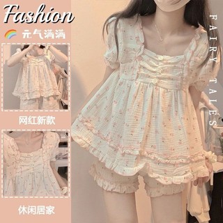 Bộ Đồ Ngủ Hoa Ngọt Ngào Nữ Mùa Hè Phong Cách Mới Mềm Mại Cô Gái Xù Thường Ngày Tay Ngắn Loungewear Phù Hợp Với Mùa Hè ins