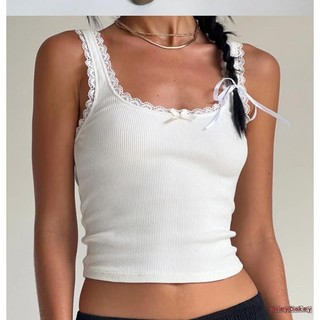 Okdk-nữ Crop Slim Fit Scoop Cổ Không Lưng Ren Viền 3D Nơ Gân Cami Tank Tops