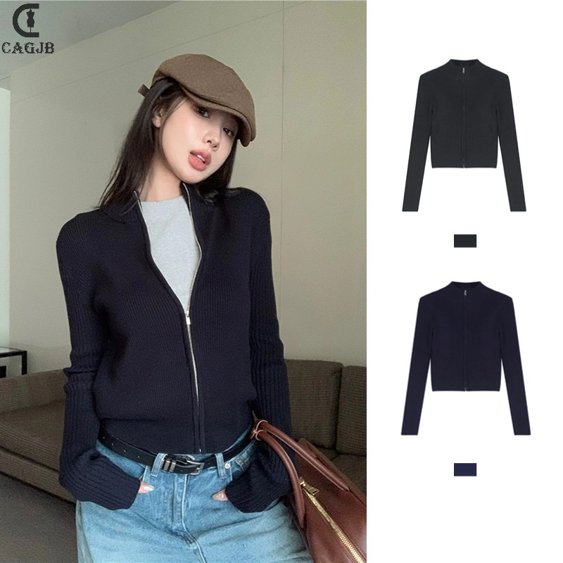 Áo len dệt kim dệt kim cổ đứng cổ điển dài tay màu trơn có dây kéo YOMG