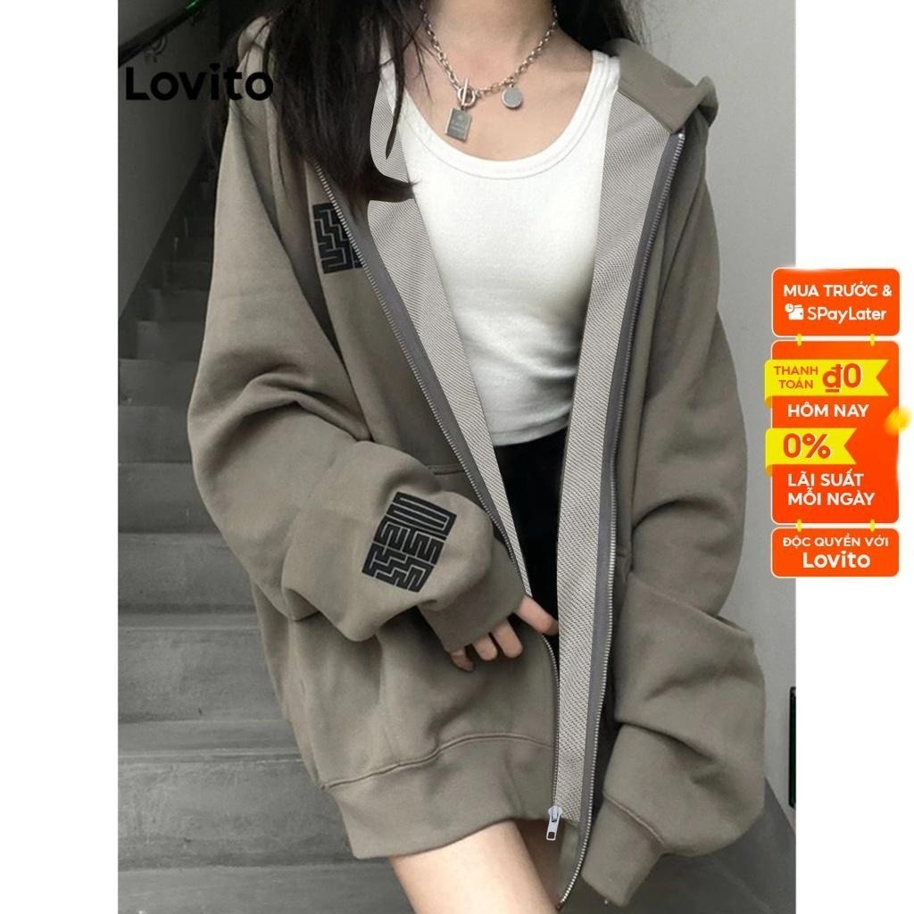 Áo khoác Lovito có mũ trùm đầu phối dây kéo màu trơn thường ngày cho nữ LNE15063 (màu xám đậm)