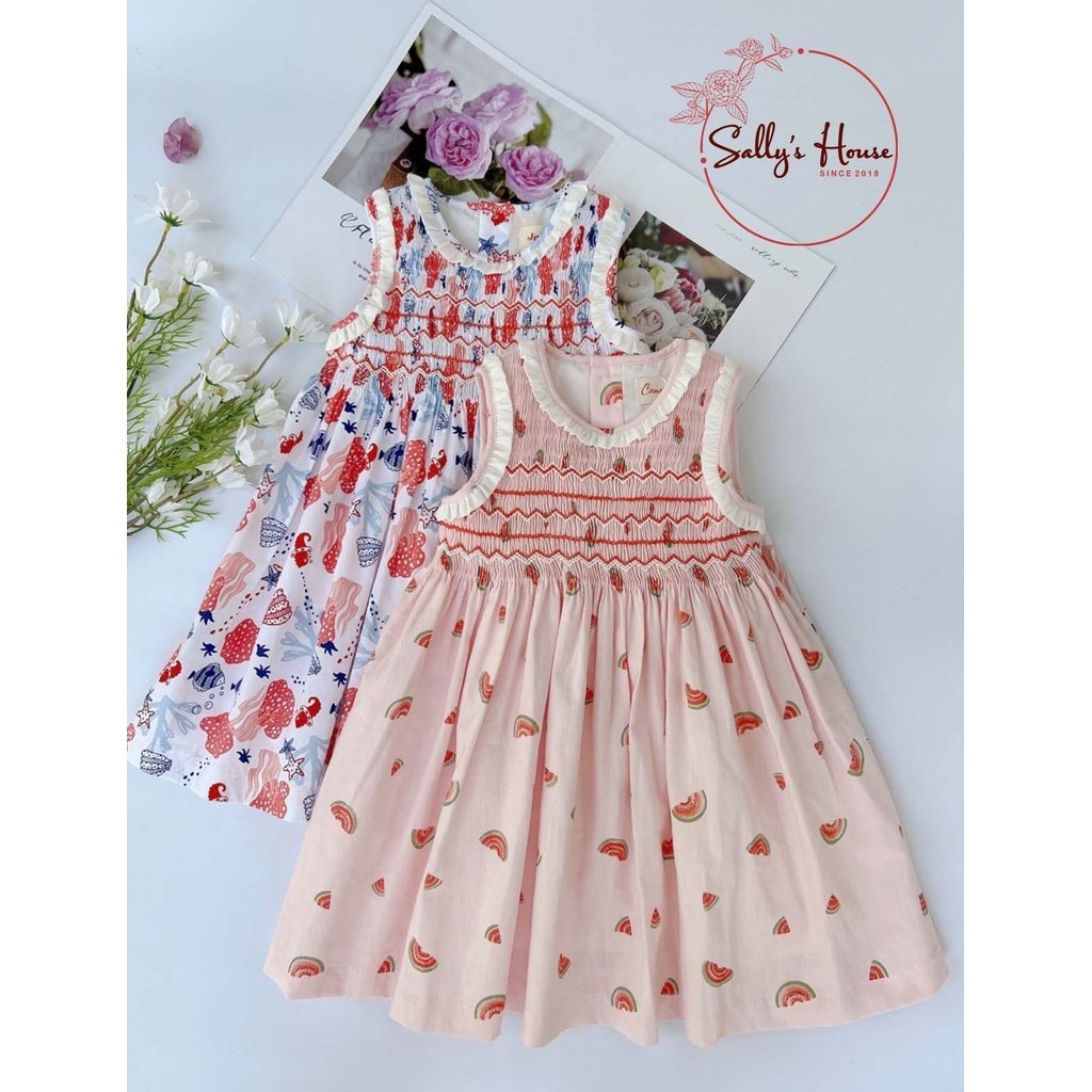 Đầm smock Sally, đầm thêu cho bé gái, đầm sát nách cho bé gái, đầm hồng họa tiết dưa hấu và đầm họa tiết sò