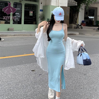 Váy treo nữ XIYUYI, mẫu mùa hè mới, váy xẻ mỏng vừa vặn màu xanh, váy dài không tay hở hông hot girl