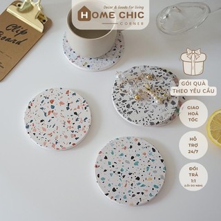 Lót ly lót cốc làm bằng đá thấm hút nước hoạ tiết vân đá phong cách Hàn Quốc | HOME CHIC CORNER