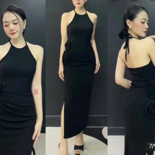 ￼Đầm yếm đính 2 bông hoa to bên eo dáng dài xẻ tà bên cực sexy , chất thun xốp mềm mịn có mút Women