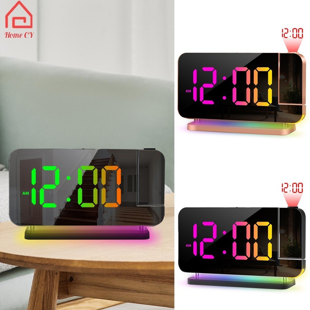 Đồng hồ báo thức chiếu Đồng hồ báo thức kỹ thuật số Chiếu trên tường trần với đèn ngủ RGB Màn hình LED lớn Cổng sạc USB Snooze Đồng hồ gương LED mờ 6 cấp SHOPCYC5281