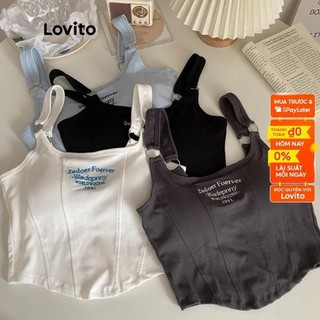 Áo ba lỗ Lovito không tay trễ vai họa tiết kim loại và chữ thường ngày cho nữ LNA06064 (Màu xám/ trắng)