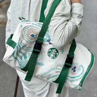  Starbucks Bean Tour 2023 Túi Tote Canvas Trắng Xanh Dung Tích Lớn Túi Tập Thể Dục Đa Năng Tote Túi Du Lịch Túi Bảo Quản 