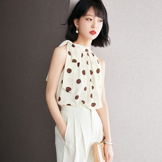 Bắn thật#挂脖背心女夏季法式气质波点小衫复古雪纺衫露肩无袖上衣 Wg2i