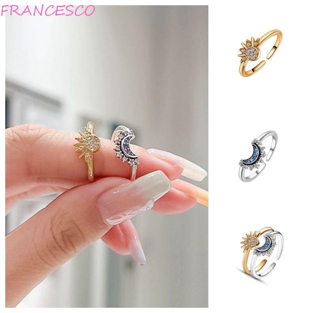 Nhẫn đeo tay mặt trăng FRANCESCO, Nhẫn mặt trời đính đá bạc, Trang sức thời trang phong cách Hàn Quốc Nhẫn ngôi sao mở cặp đôi