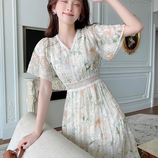 Đầm In Hoa Xuân Hè Mỏng Mới Cinched Giảm Béo Dài Đầm Niche Retro Đơn Giản Voan Cổ Chữ V Tay Ngắn Quần Áo Nữ
