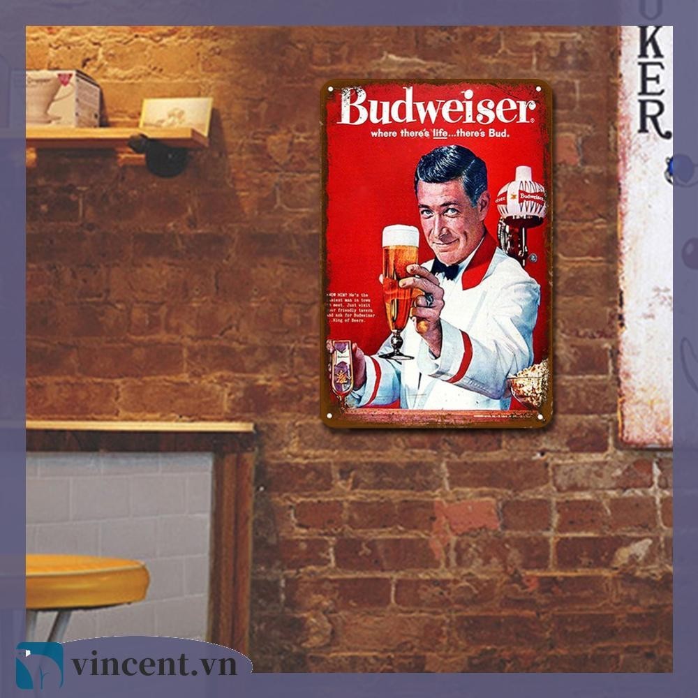 [Vincent.vn] Đĩa kim loại cổ điển Budweiser Bia hình chữ nhật Tranh sắt trang trí tường 30x40cm