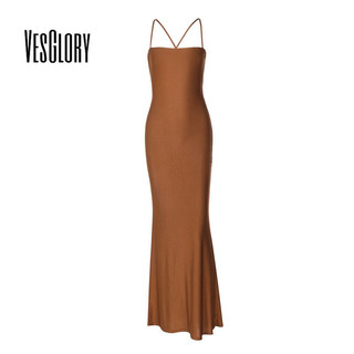 Vesglory Nữ Maxi Đuôi Cá Đầm 2024 Thời Trang Mới Màu Trơn Ống Top Không Lưng Nối Rỗng Ren-up Slim-fit Slim Đầm