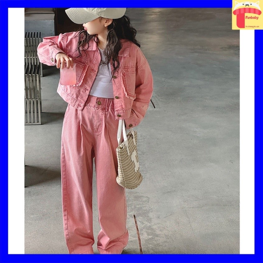 Bộ bò bé gái 4-10 tuổi quần ống sớ, Đồ bộ dài tay trẻ em nữ vải bò cao cấp kiểu dáng thời trang