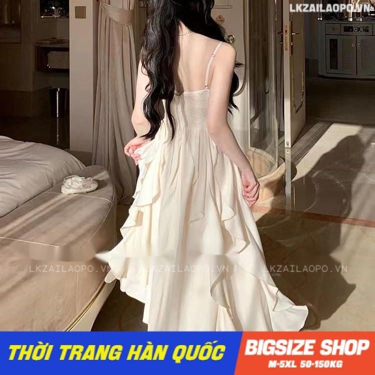 Váy đầm nữ Bigsize Đầm 2 dây dáng dài cổ chữ v bánh bèo xếp ly trơn mùa hè Phong cách Hàn Quốc Thời Trang đẹp