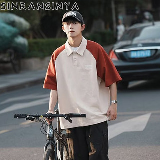 Sinransinya Áo sơ mi polo nam mới, nút thời trang cao cấp đường phố cổ điển kiểu Mỹ, tay áo raglan màu tương phản nặng, cổ áo polo thời trang dành cho cặp đôi, áo tay 5 / 4