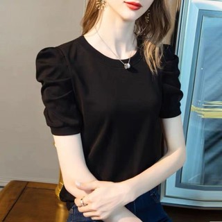 100% Cotton Áo Thun Nữ Tay Ngắn Mùa Hè 2024 Phong Cách Mới Hợp Thời Trang Nữ Cổ Tròn Áo Thun Pháp Tay Phồng Thời Trang Top