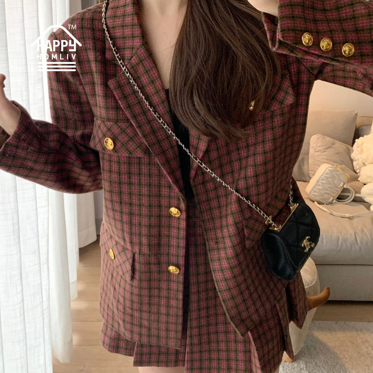 HAPPY HOMLIV Bộ Áo Khoác Vest + Chân Váy Xếp Ly Lưng Cao Phong Cách Preppy Cổ Điển Thời Trang Cho Nữ