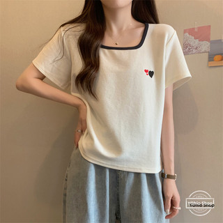 Áo thun ngắn tay thêu cổ vuông cỡ lớn dành cho nữ