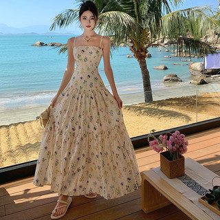 Retro Muối Thu Nhỏ Vải Hoa Eo Eo Ôm Hơn Nhìn Kỳ Nghỉ Váy Mỏng Dây Đeo Vai Lớn Xoay Váy Sling Đầm