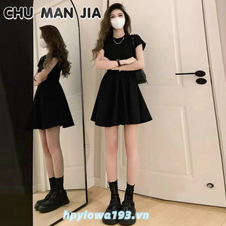 Chu MAN JIA Váy nữ phong cách Hepburn màu đen cao cấp khí chất giản dị váy ngắn giảm béo