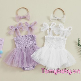 Bé gái 2 bộ trang phục mùa hè không tay dây buộc dây đeo smocked romper dress + bộ băng đô