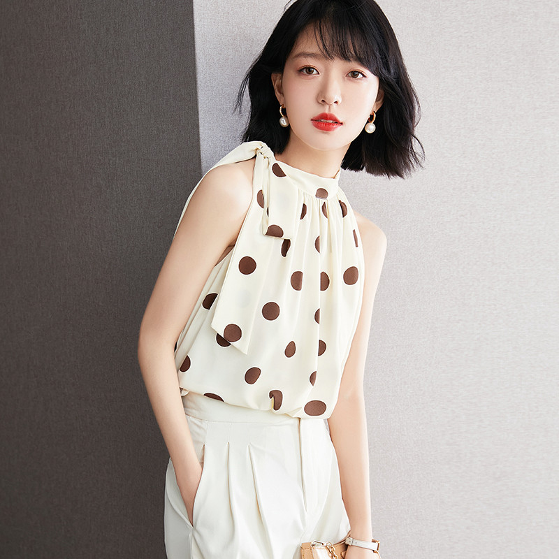 Bắn thật#挂脖背心女夏季法式气质波点小衫复古雪纺衫露肩无袖上衣 Wg2i