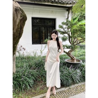 Đầm maxi satin thắt eo màu kem siêu sang