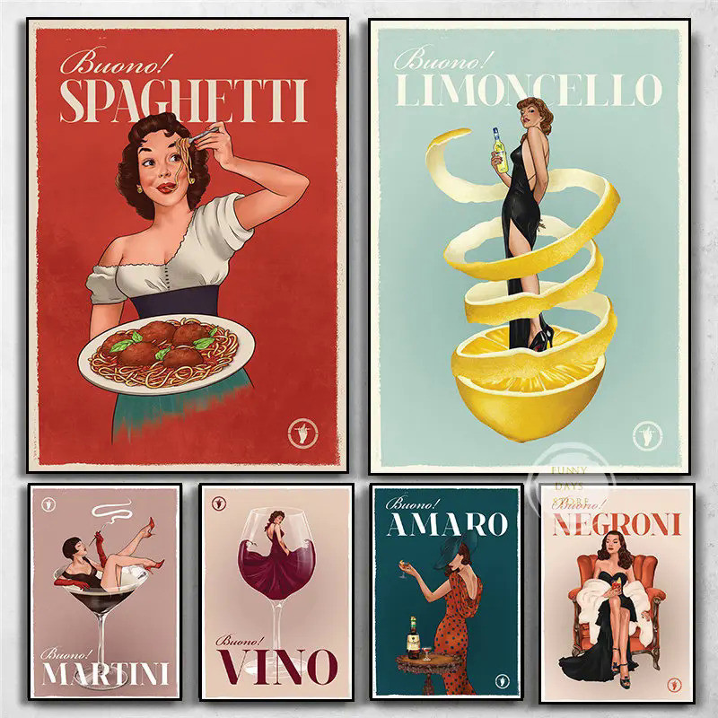 Poster cocktail cổ điển Ý minh họa, tranh canvas, in Pasta, thực phẩm, trang trí tường nhà bếp, rượu vang, mì spaghetti, chanh